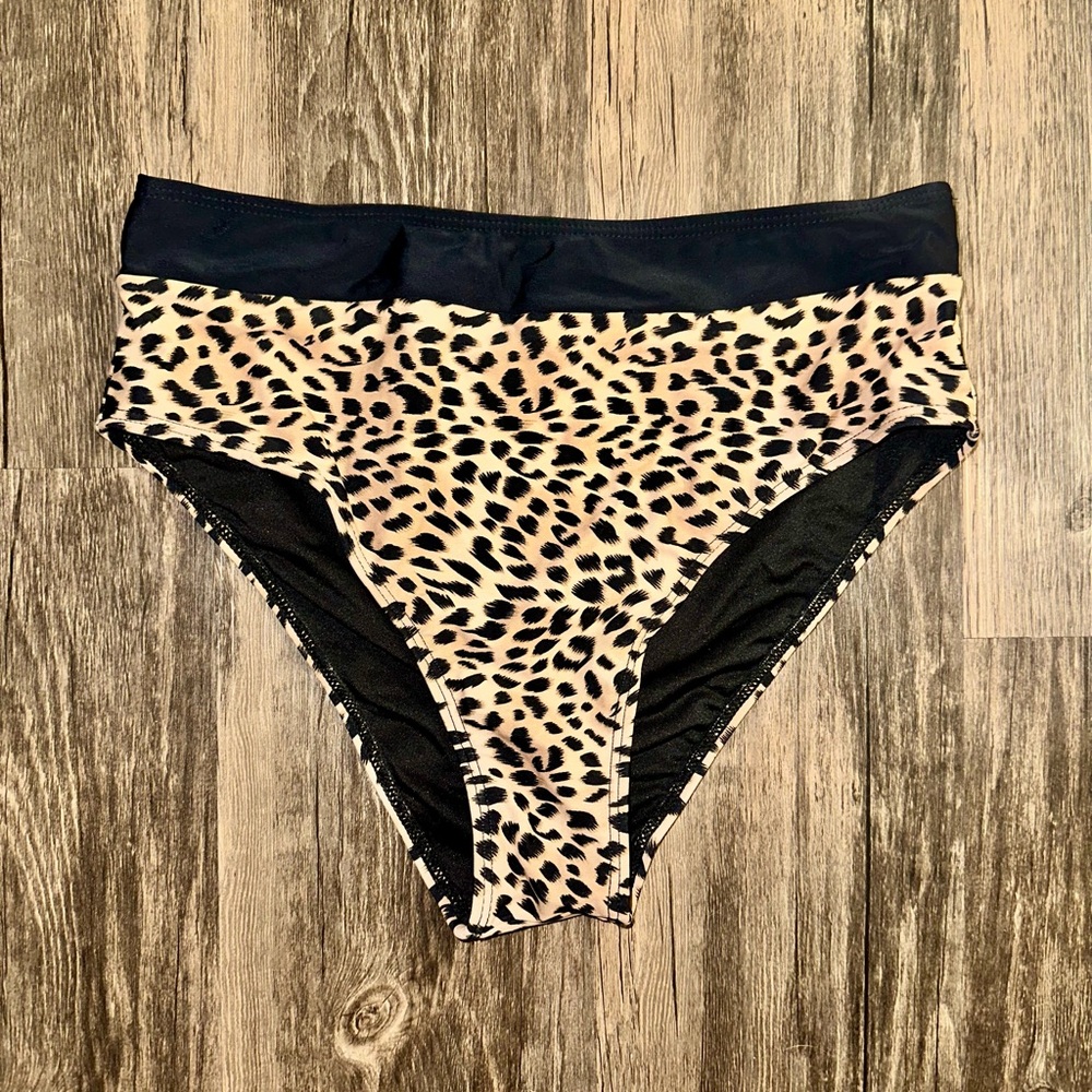 Leopard Print High Waisted Bikini Bottoms with Black Waistband
